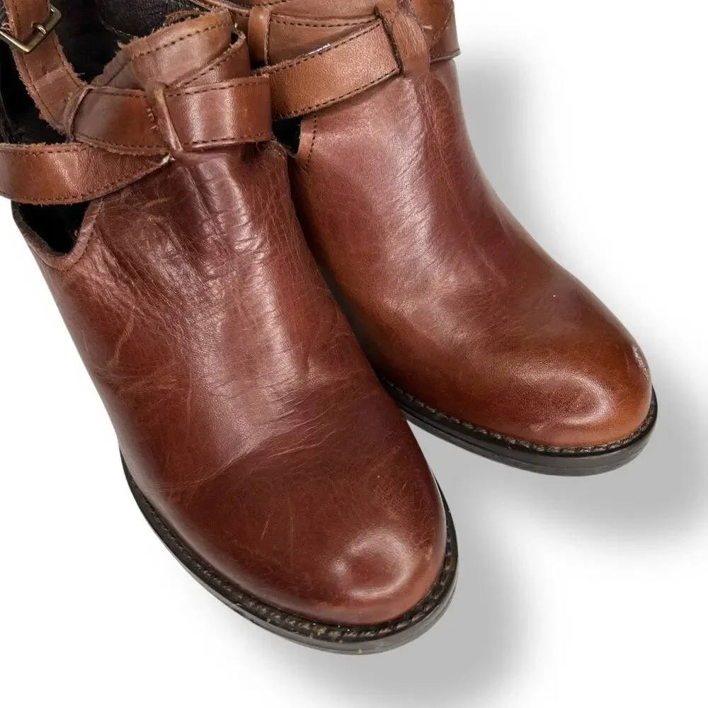 Krbonell Leather Cut Out Buckle Strap Block Heeled Ankle Bootie Brown 7.5
